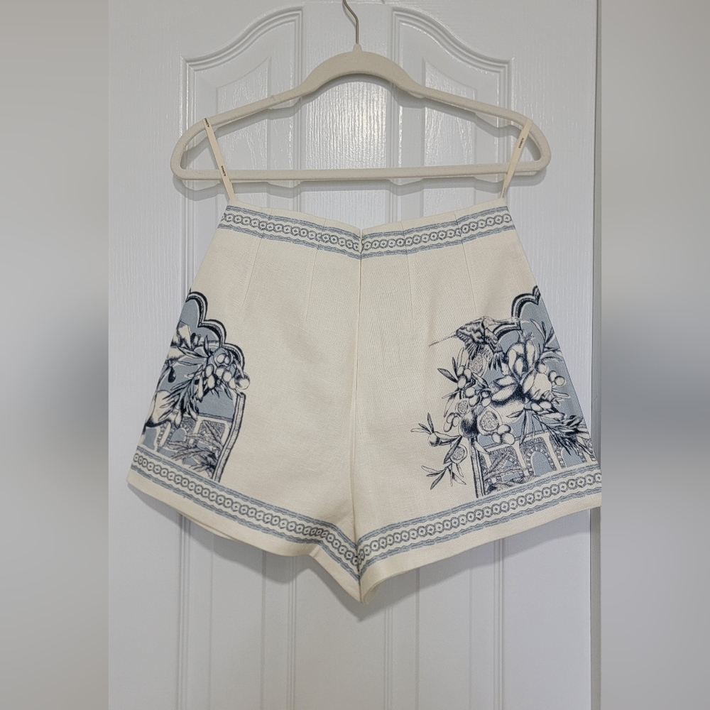 Alemais Cream High-Waist Printed Bermuda Shorts with Blue Toile Motif - Picture 5 of 7